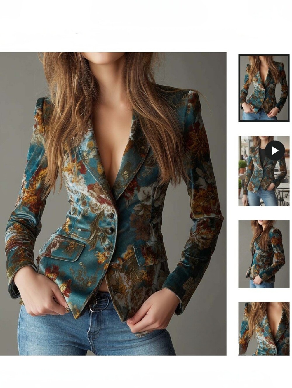 NWT FuTario Vintage Teal Floral Velvet Tailored Blazer Size Medium - Picture 8 of 11